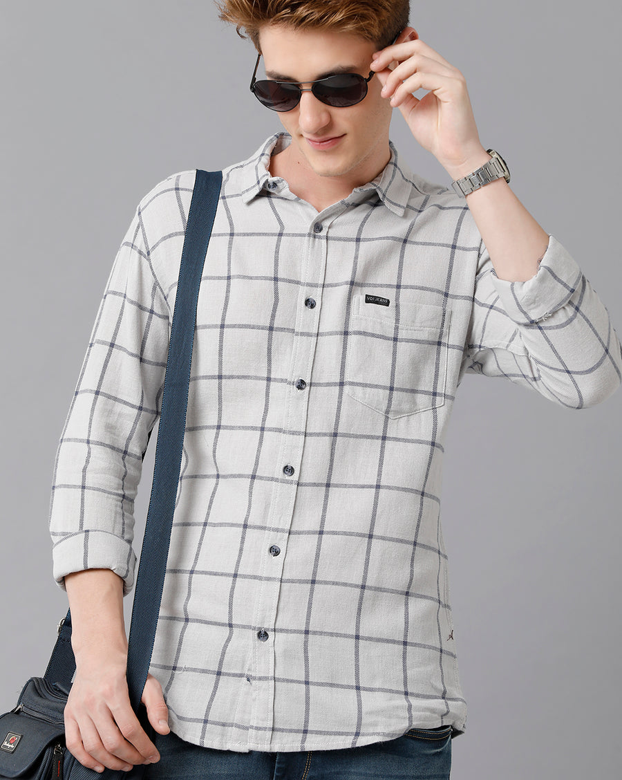 VOI Jeans Men's Grey Blue Checked Slim Fit Shirt