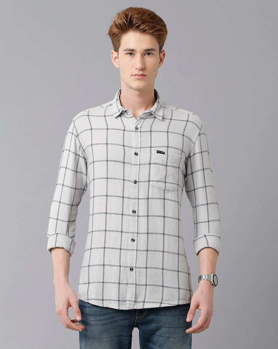 VOI Jeans Men's Grey Blue Checked Slim Fit Shirt