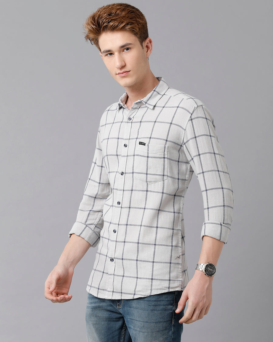 VOI Jeans Men's Grey Blue Checked Slim Fit Shirt