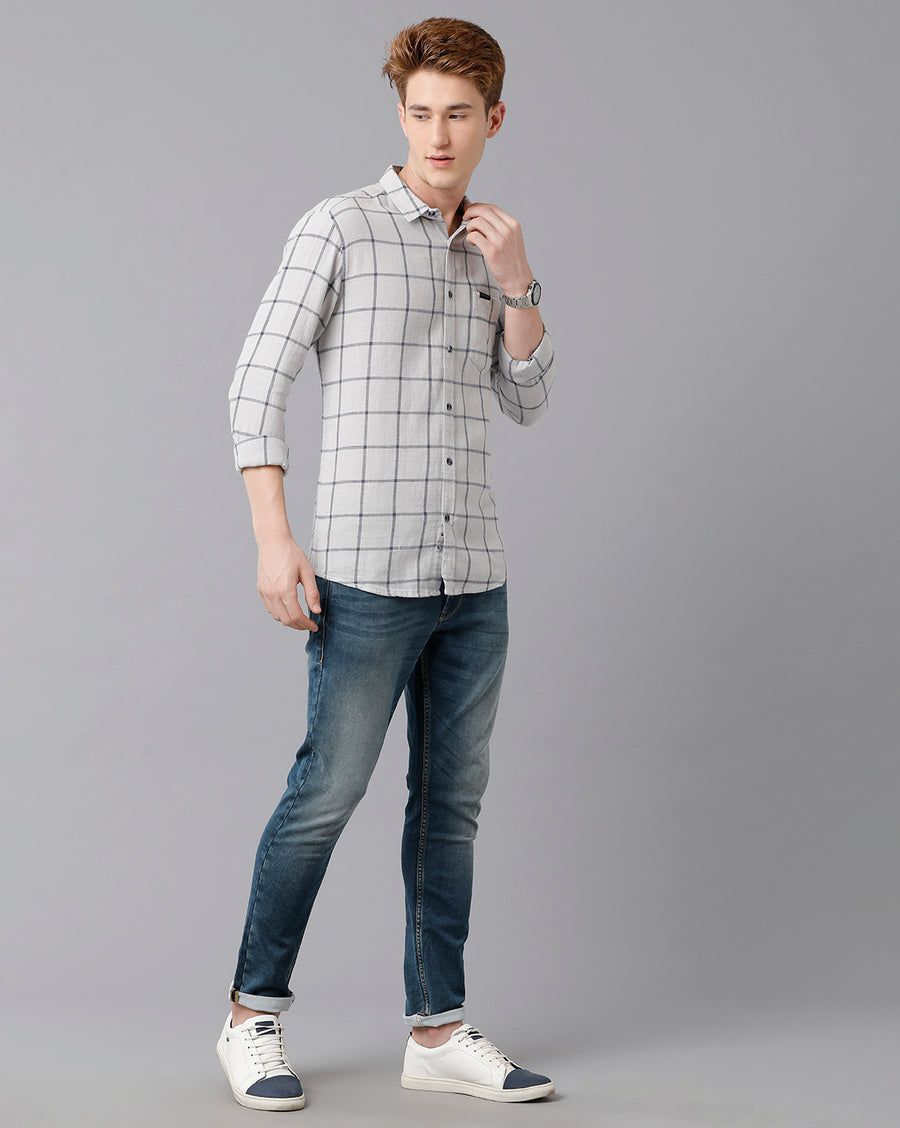 VOI Jeans Men's Grey Blue Checked Slim Fit Shirt