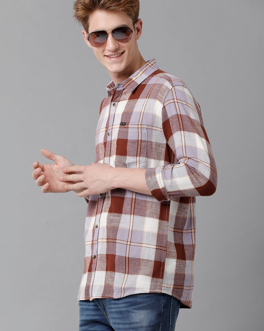VOI Jeans Men's Brown  Checked Slim Fit Shirt