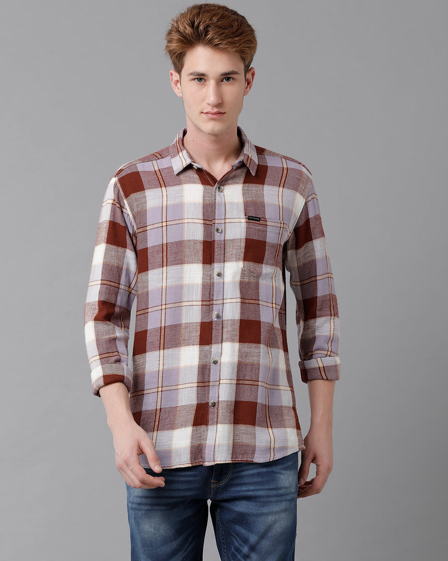 VOI Jeans Men's Brown  Checked Slim Fit Shirt