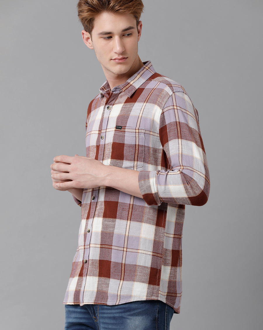 VOI Jeans Men's Brown  Checked Slim Fit Shirt