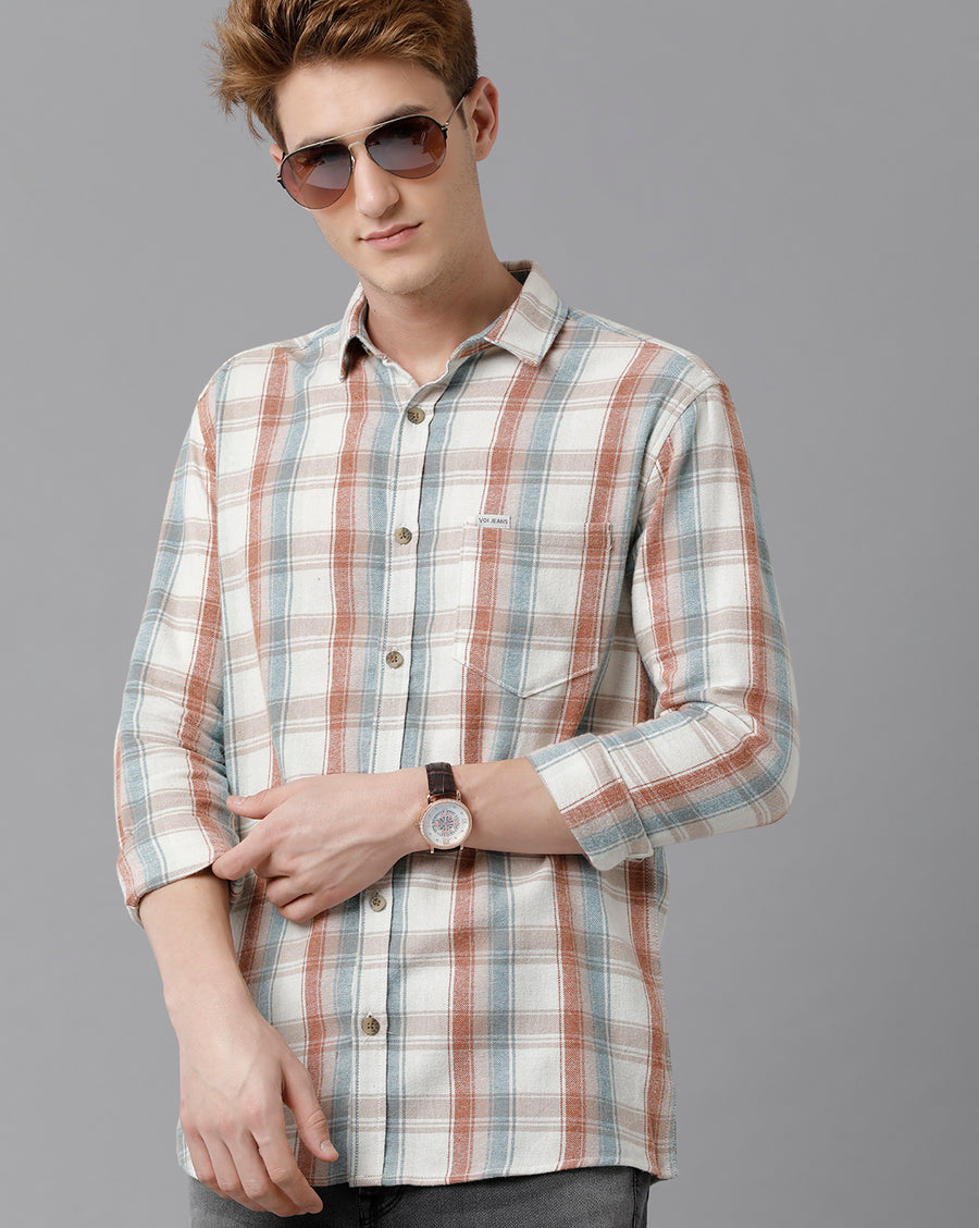 VOI Jeans Men's Beige Checked Slim Fit Shirt