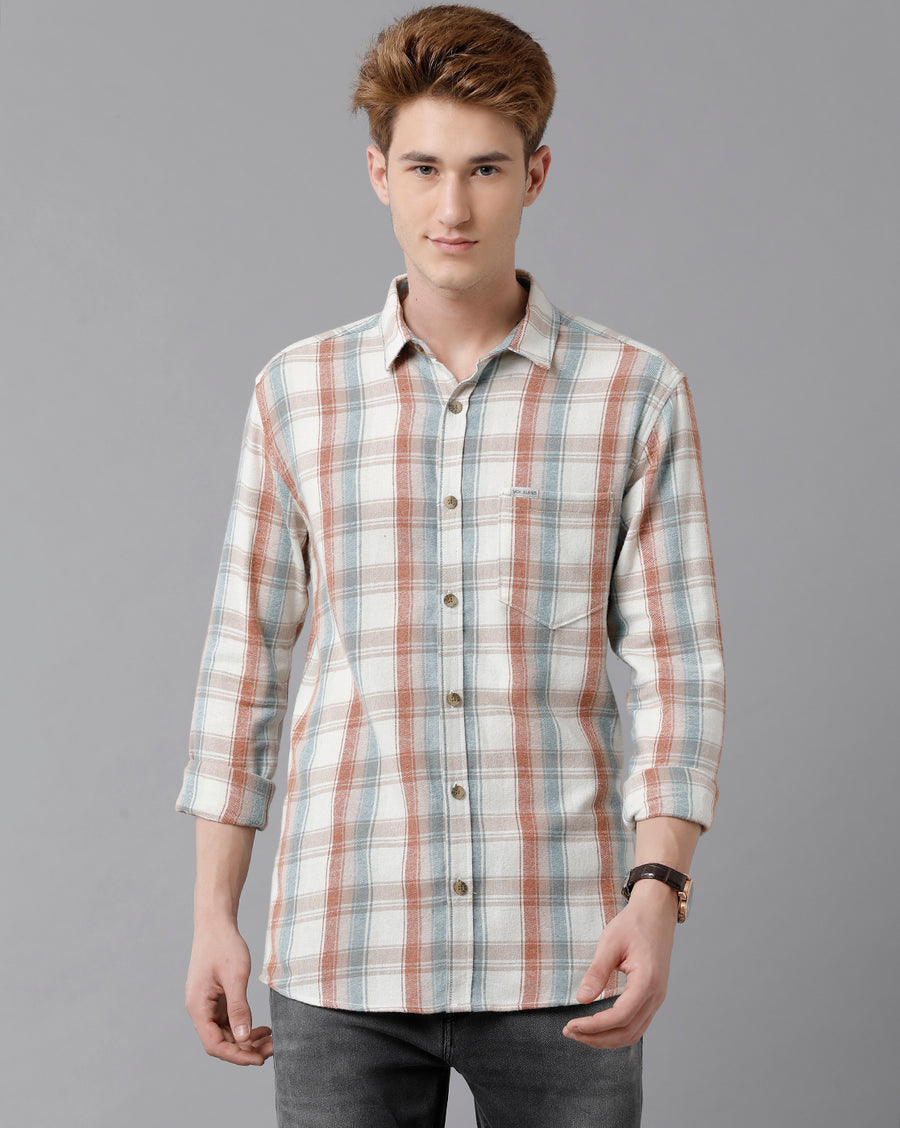 VOI Jeans Men's Beige Checked Slim Fit Shirt