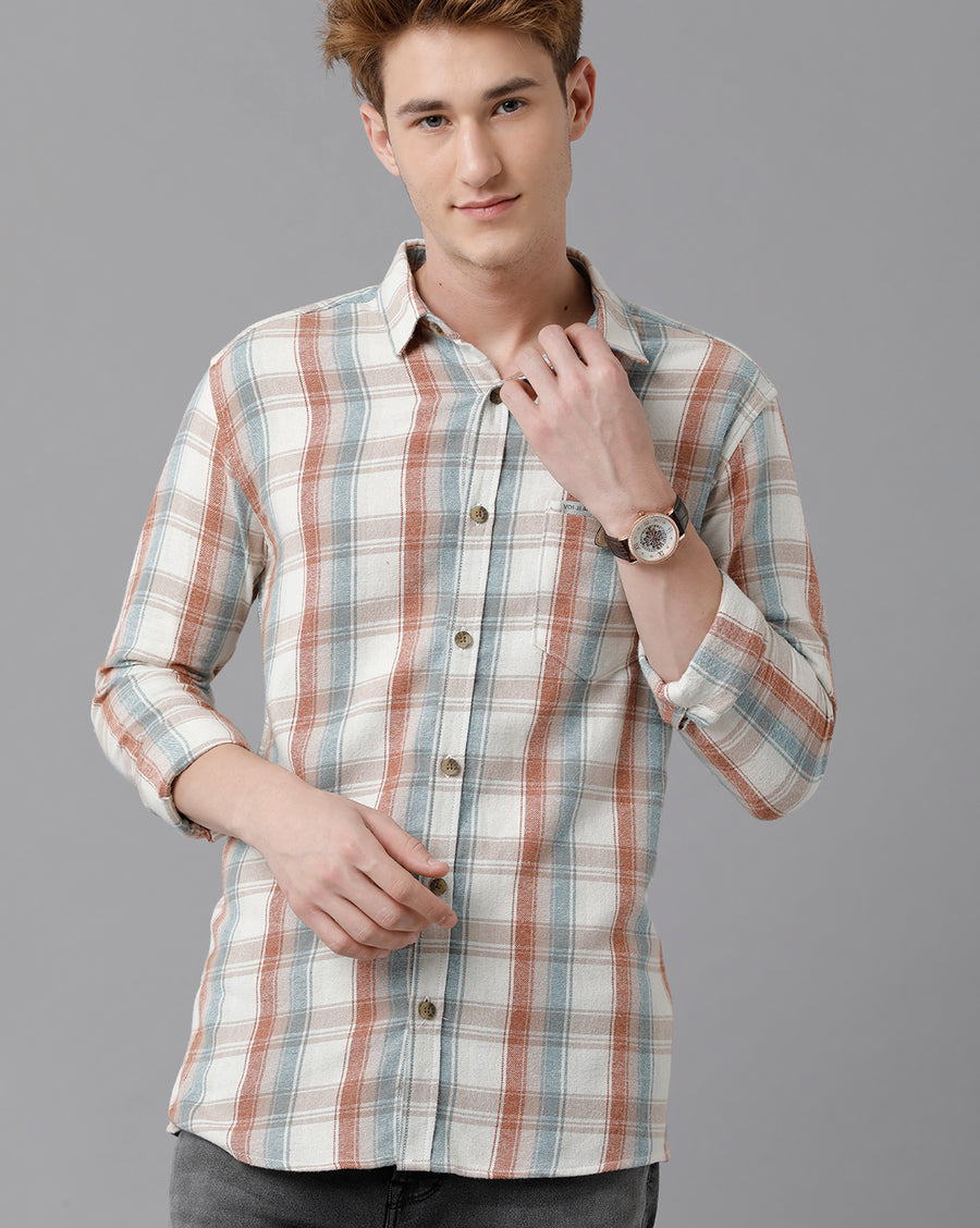 VOI Jeans Men's Beige Checked Slim Fit Shirt