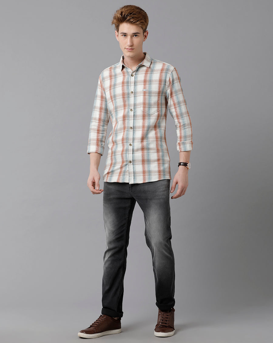 VOI Jeans Men's Beige Checked Slim Fit Shirt