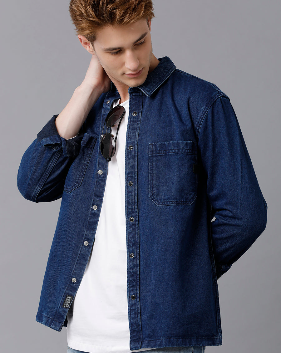 VOI Jeans Men's Solid Navy Regular fit Shacket