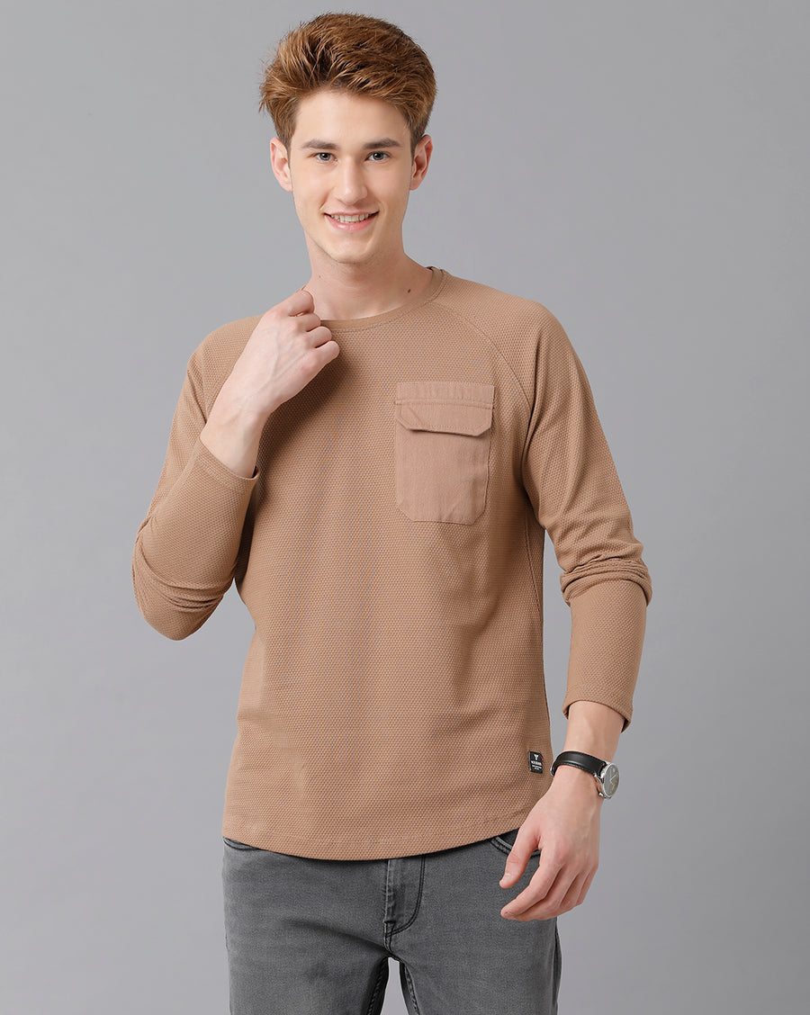 VOI Jeans Men's Lt Brown Full Sleeve Crew Neck T-shirt