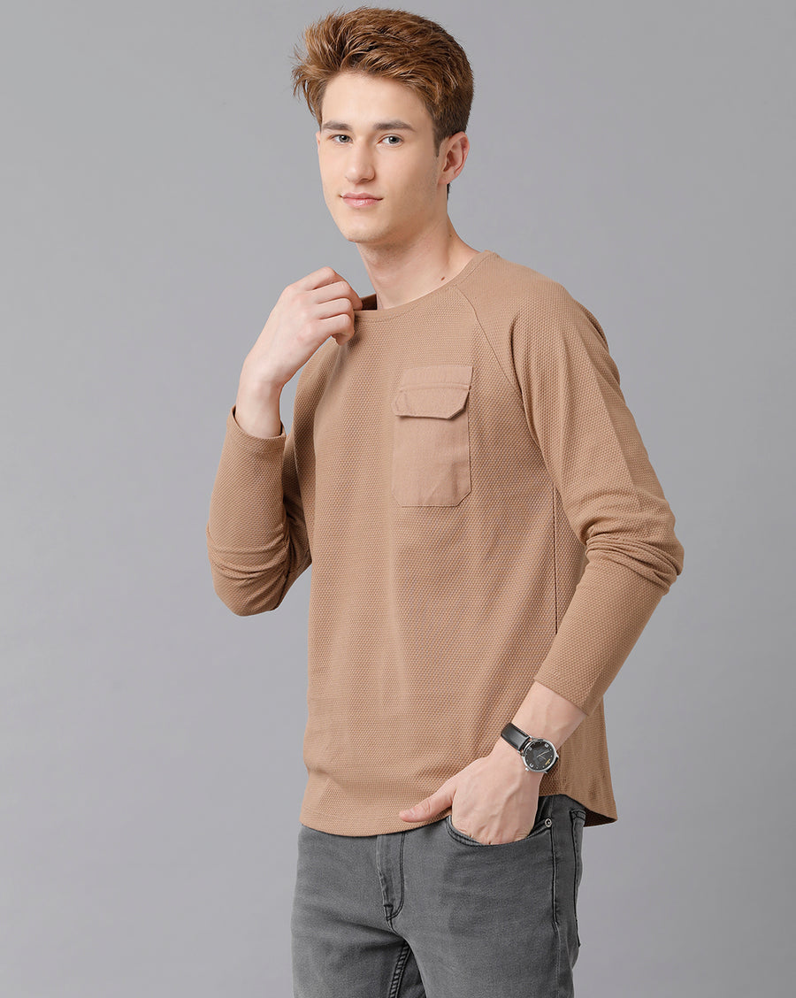 VOI Jeans Men's Lt Brown Full Sleeve Crew Neck T-shirt