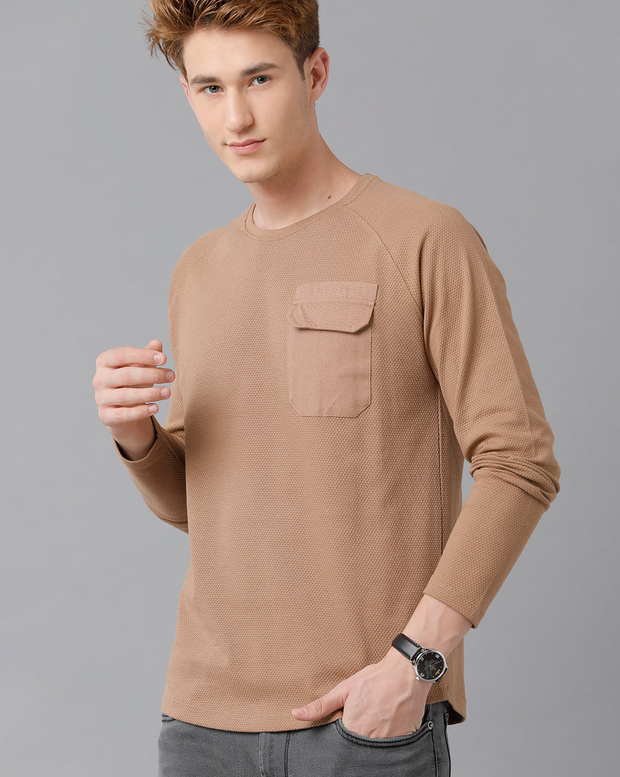 VOI Jeans Men's Lt Brown Full Sleeve Crew Neck T-shirt