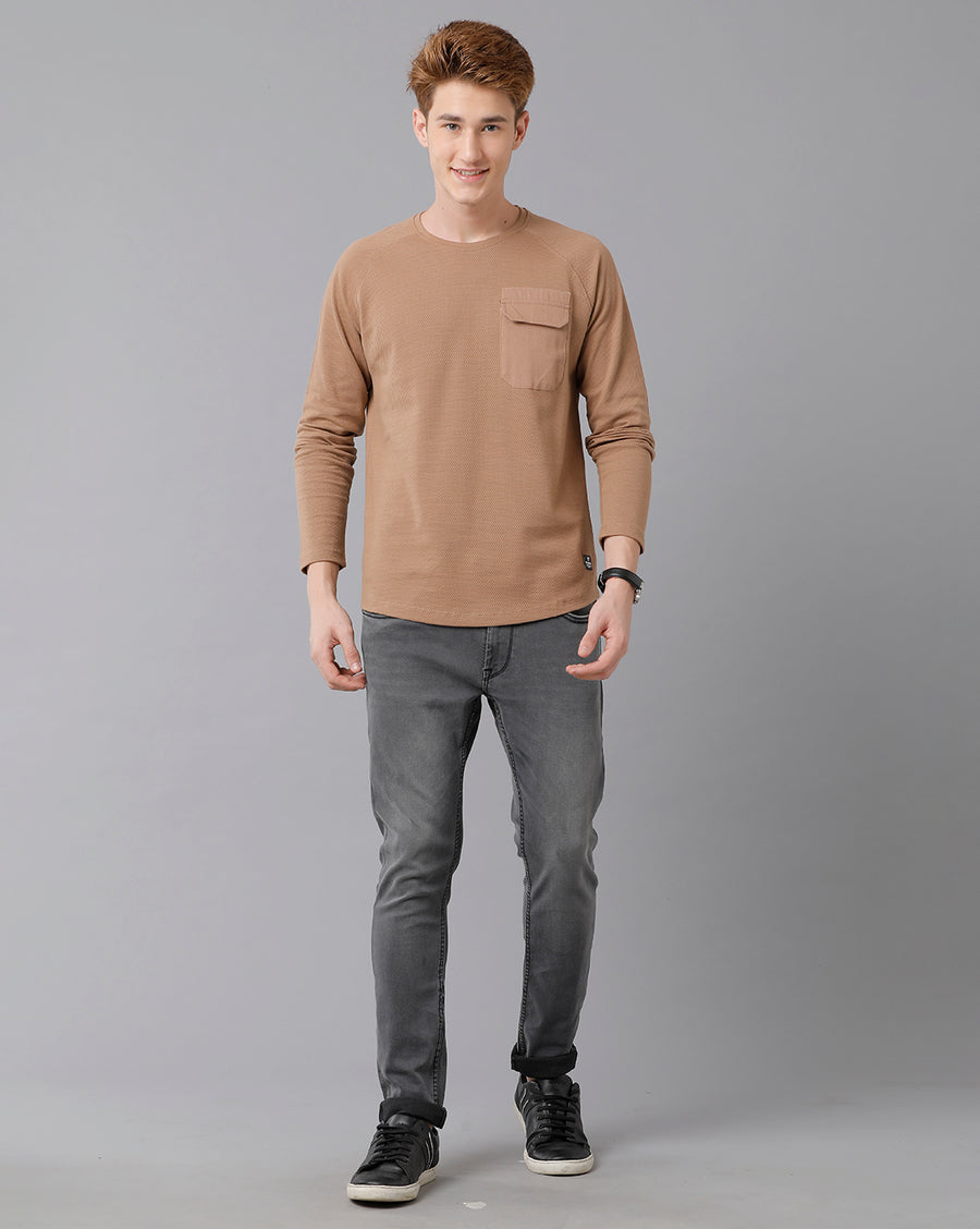 VOI Jeans Men's Lt Brown Full Sleeve Crew Neck T-shirt