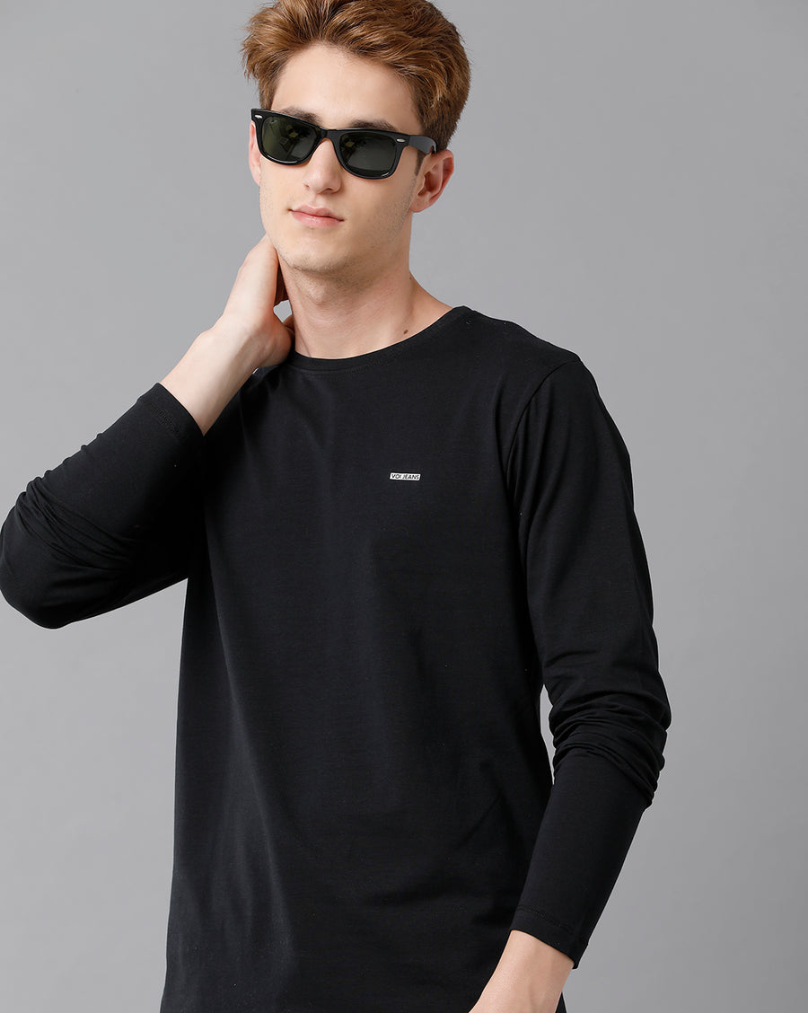 VOI Jeans Men's Solid Black Full Sleeve  Crew Neck T-shirt