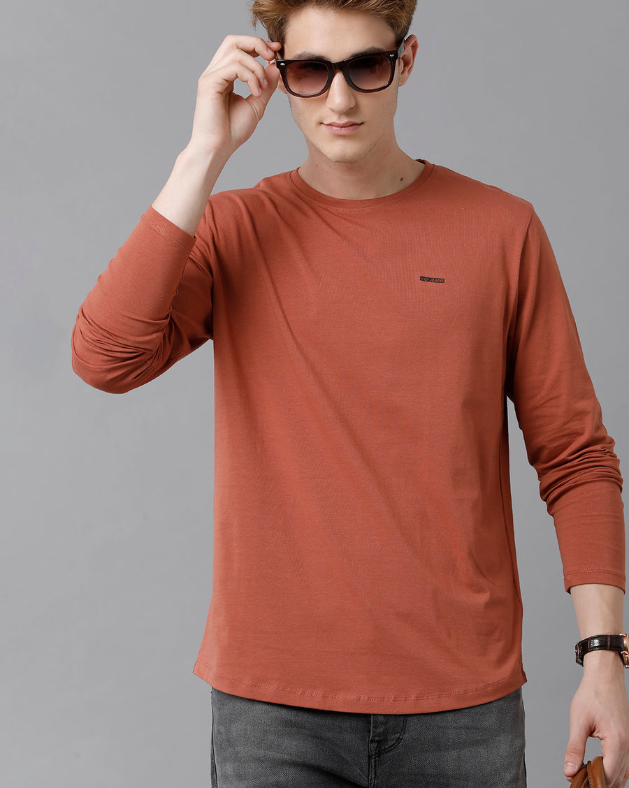 VOI Jeans Men's Solid Brown Full Sleeve  Crew Neck T-shirt
