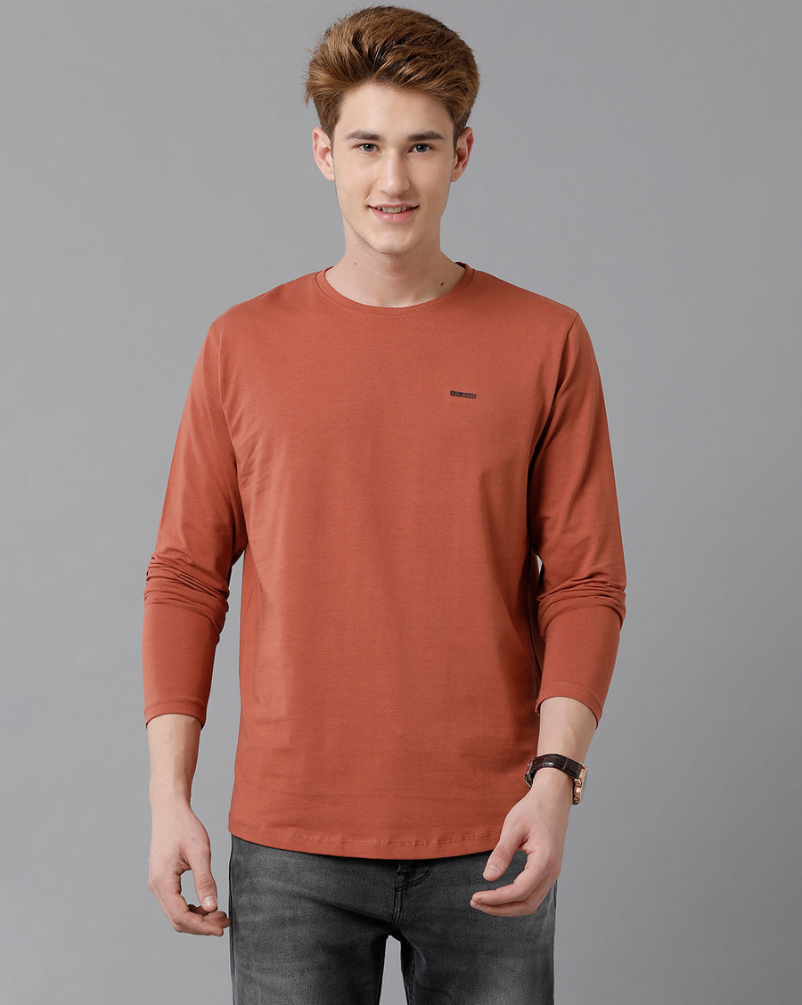 VOI Jeans Men's Solid Brown Full Sleeve  Crew Neck T-shirt