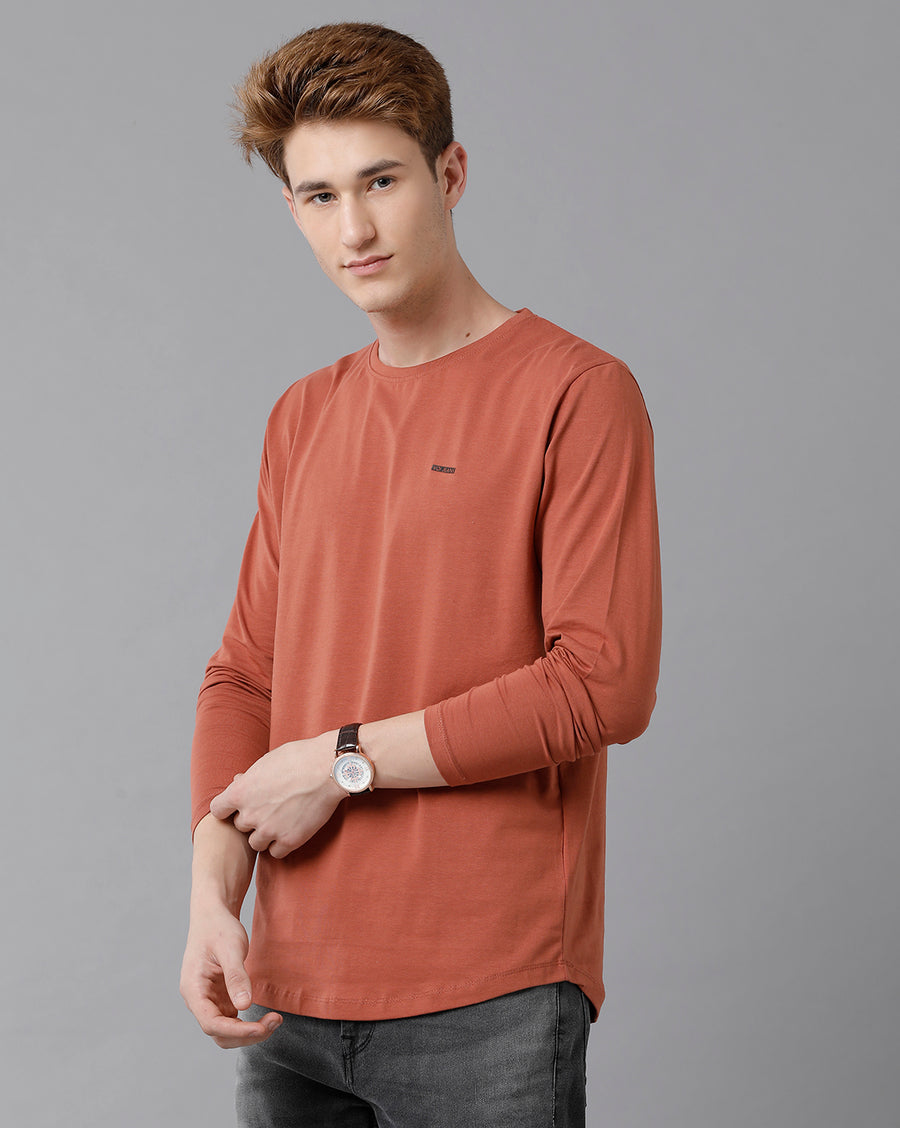 VOI Jeans Men's Solid Brown Full Sleeve  Crew Neck T-shirt
