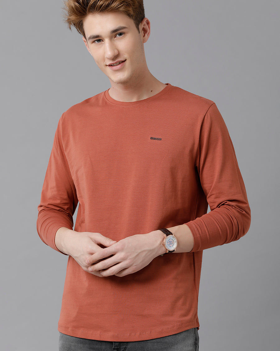 VOI Jeans Men's Solid Brown Full Sleeve  Crew Neck T-shirt