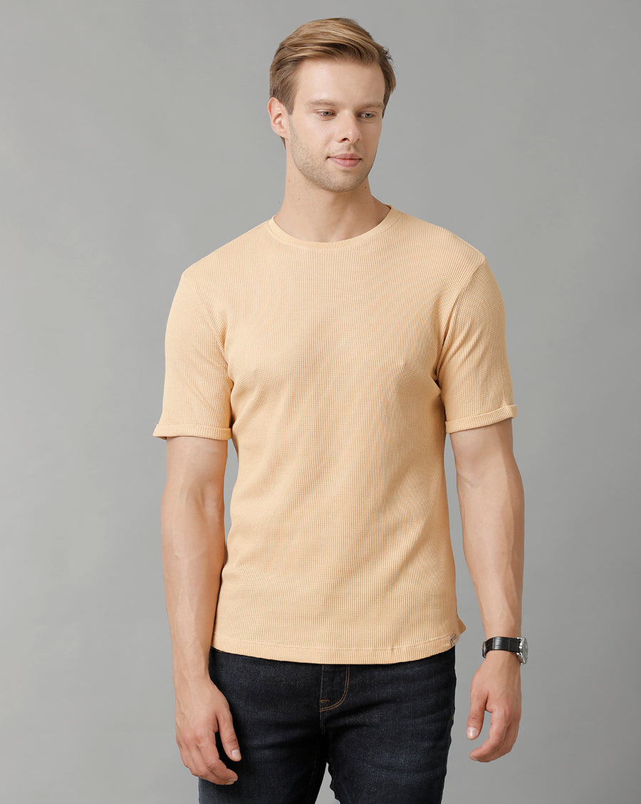 Men Waffle Solid  Regular Fit Casual T-Shirt