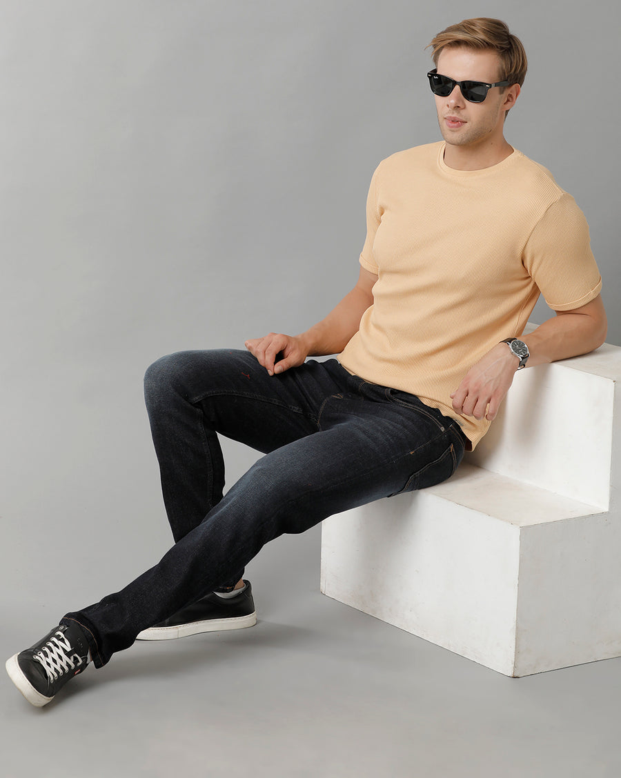 Men Waffle Solid  Regular Fit Casual T-Shirt